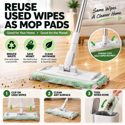 Universal Clip-On Flat Mop – Reuse Wipes as Mop Pads