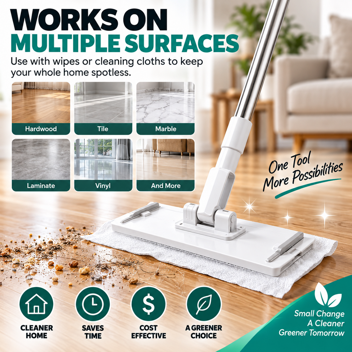 Universal Clip-On Flat Mop – Reuse Wipes as Mop Pads
