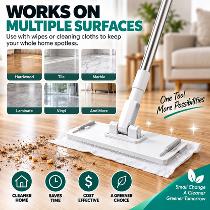 Universal Clip-On Flat Mop – Reuse Wipes as Mop Pads